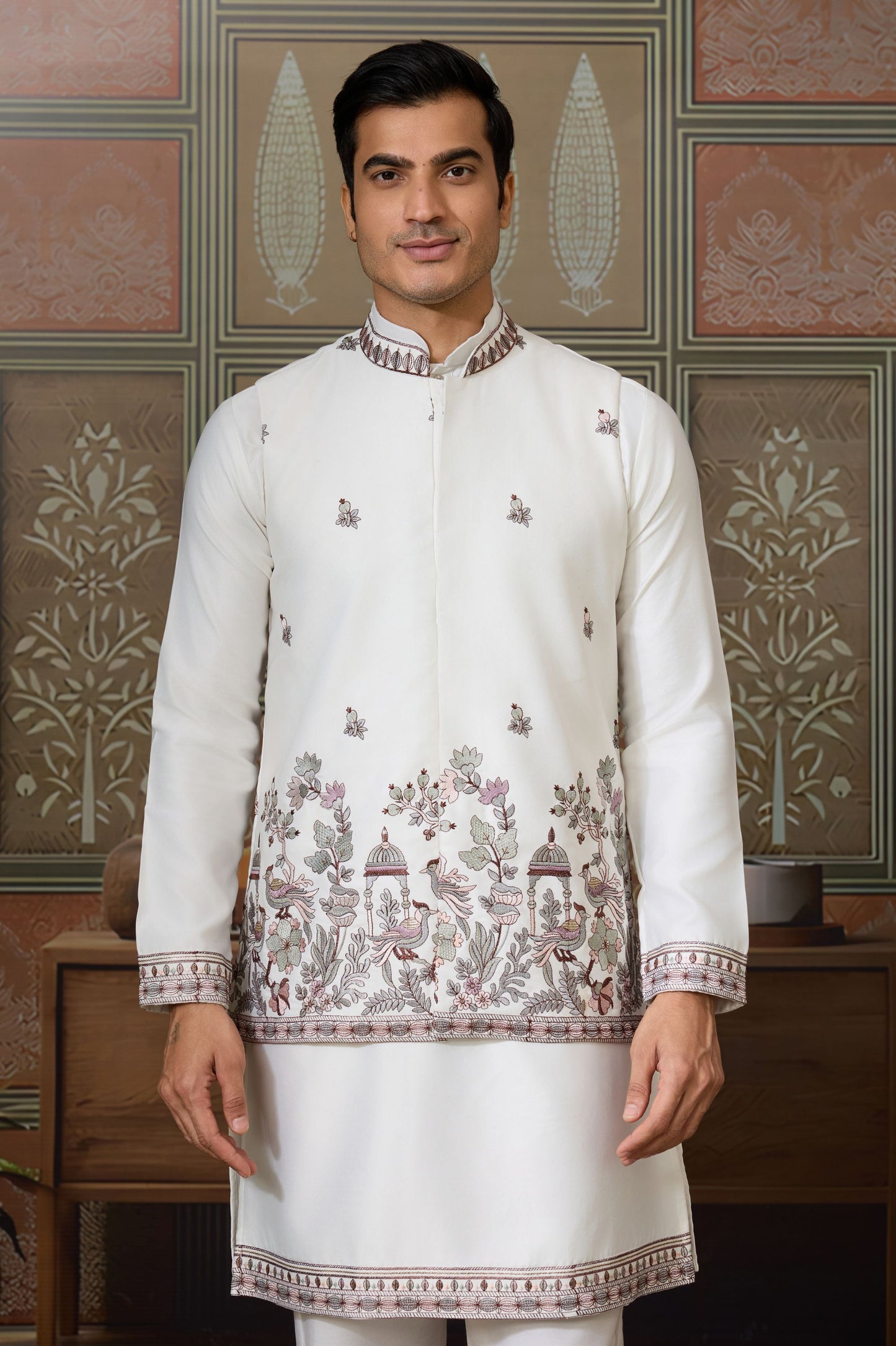 Elegant White Silk Embroidered Indo Western Kurta Pyjama Set with Jacket