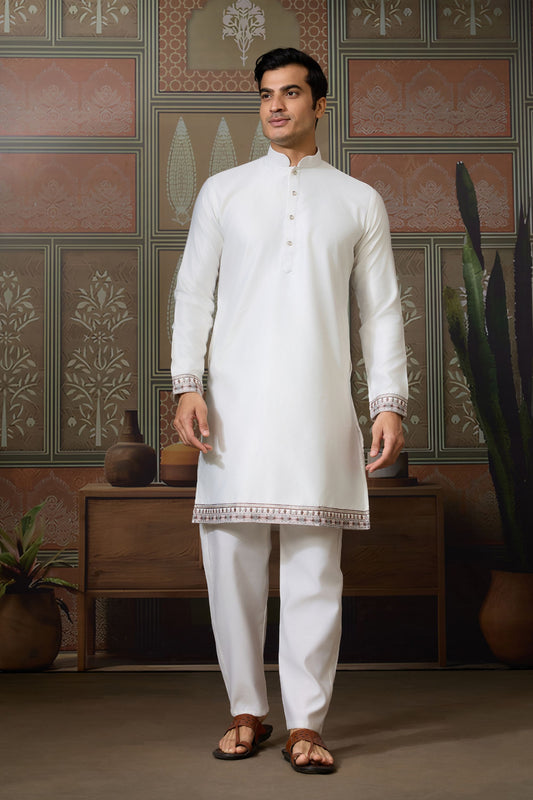 Elegant White Silk Embroidered Indo Western Kurta Pyjama Set with Jacket