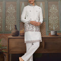 Elegant White Silk Embroidered Indo Western Kurta Pyjama Set with Jacket