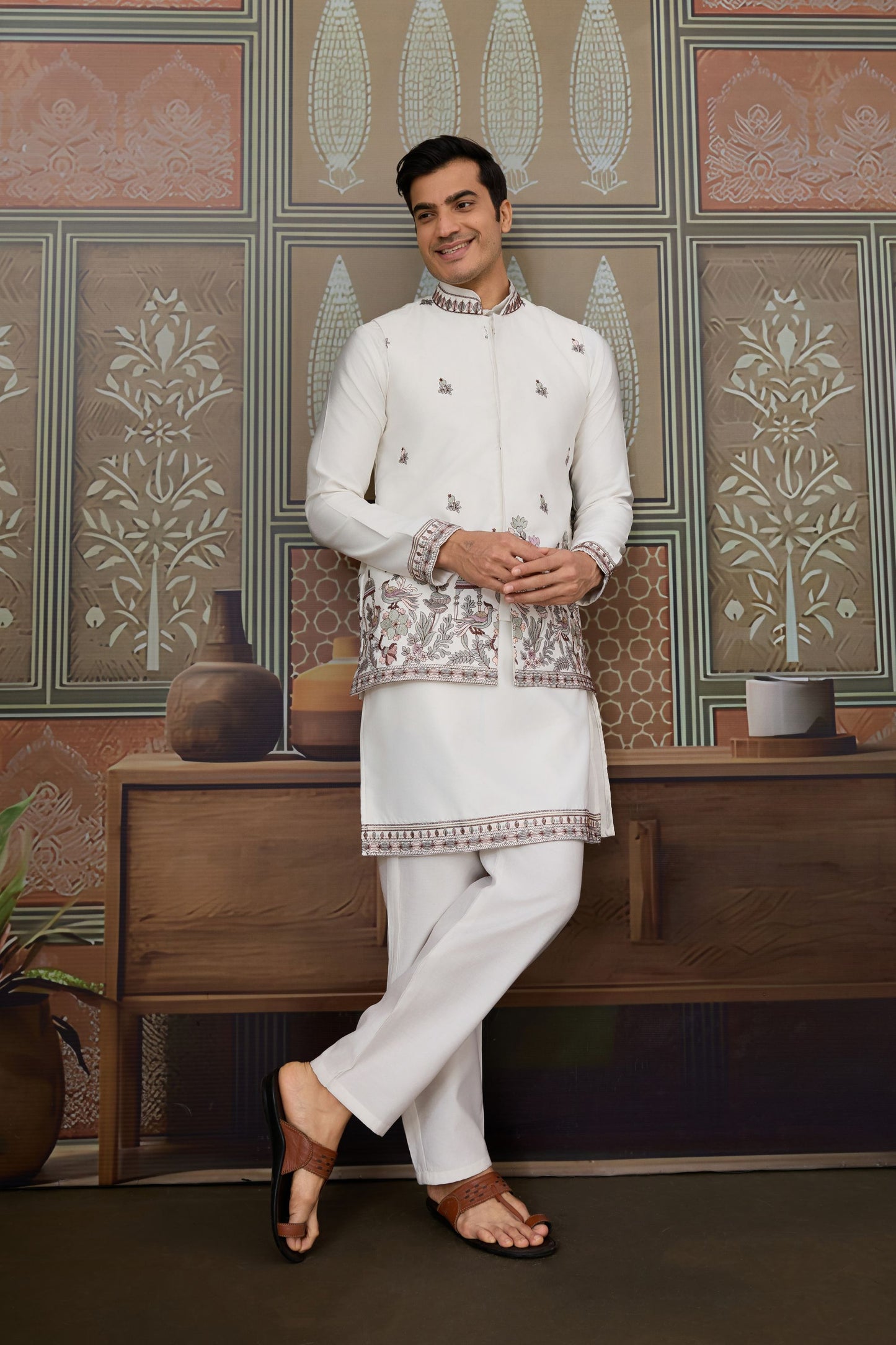 Elegant White Silk Embroidered Indo Western Kurta Pyjama Set with Jacket