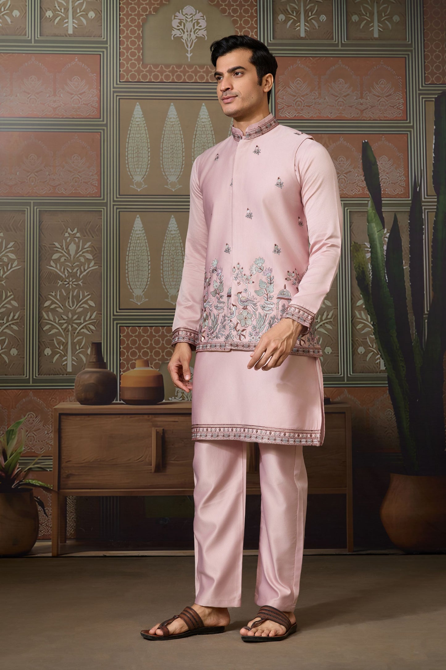 Graceful Pink Silk Embroidered Indo Western Kurta Pyjama Set with Jacket