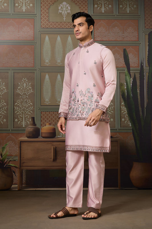 Graceful Pink Silk Embroidered Indo Western Kurta Pyjama Set with Jacket
