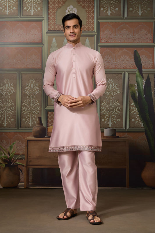 Graceful Pink Silk Embroidered Indo Western Kurta Pyjama Set with Jacket