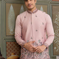 Graceful Pink Silk Embroidered Indo Western Kurta Pyjama Set with Jacket