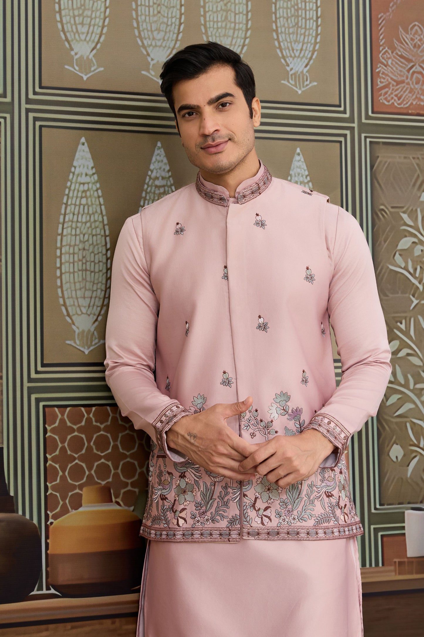Graceful Pink Silk Embroidered Indo Western Kurta Pyjama Set with Jacket