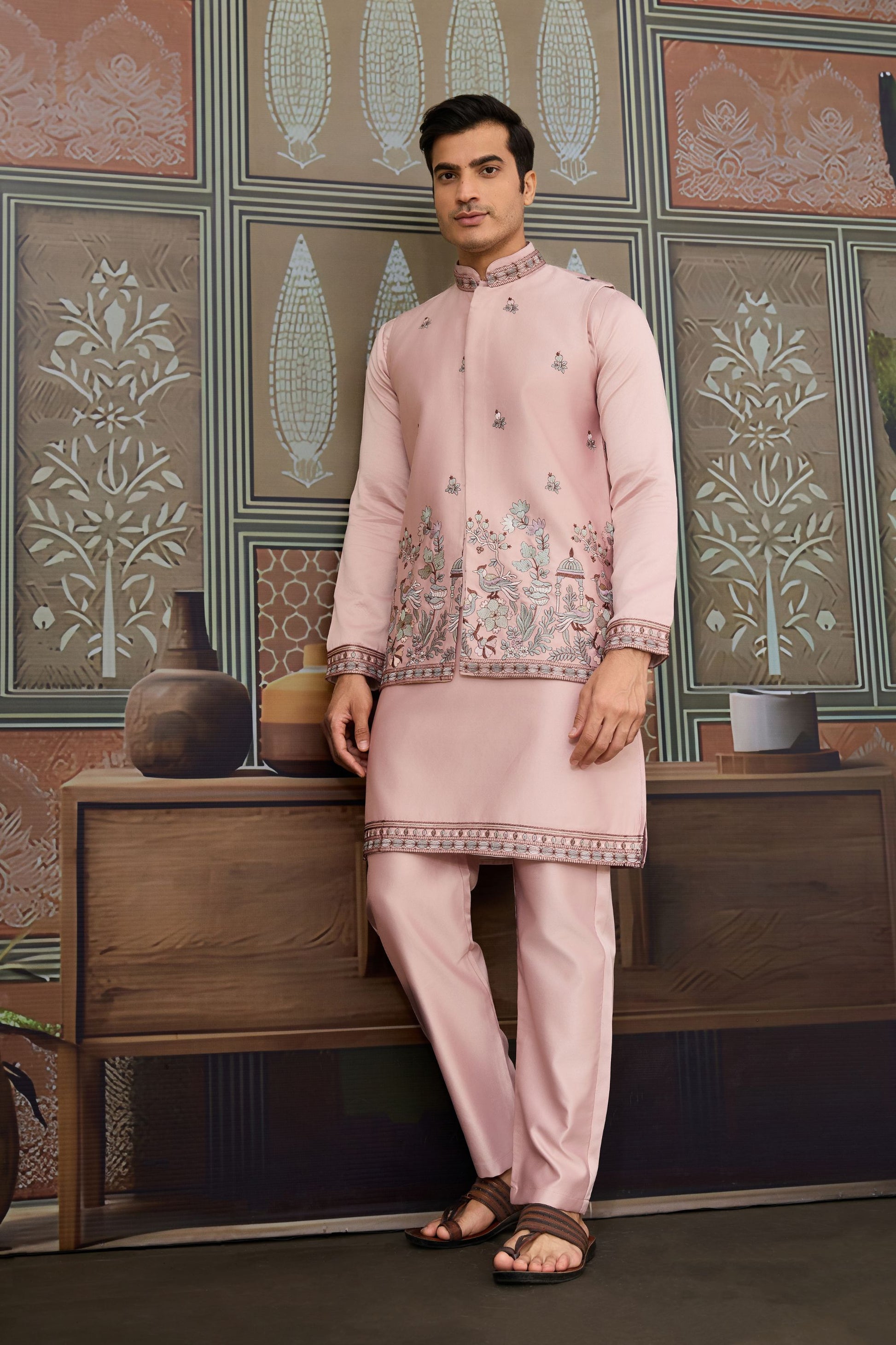 Graceful Pink Silk Embroidered Indo Western Kurta Pyjama Set with Jacket