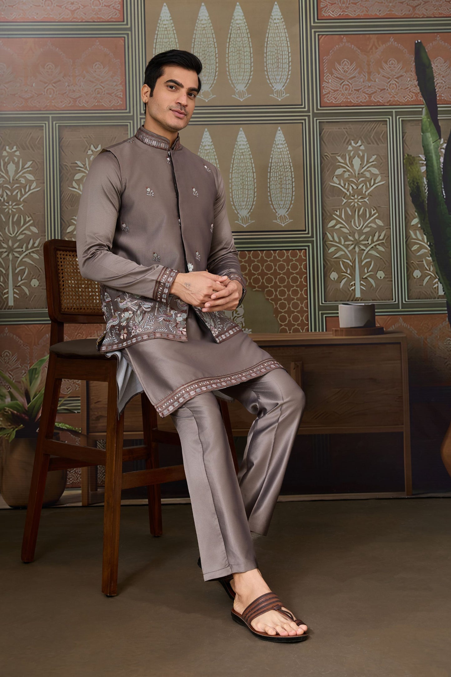Stylish Grey Silk Embroidered Indo Western Kurta Pyjama Set with Jacket