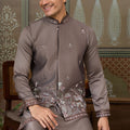 Stylish Grey Silk Embroidered Indo Western Kurta Pyjama Set with Jacket