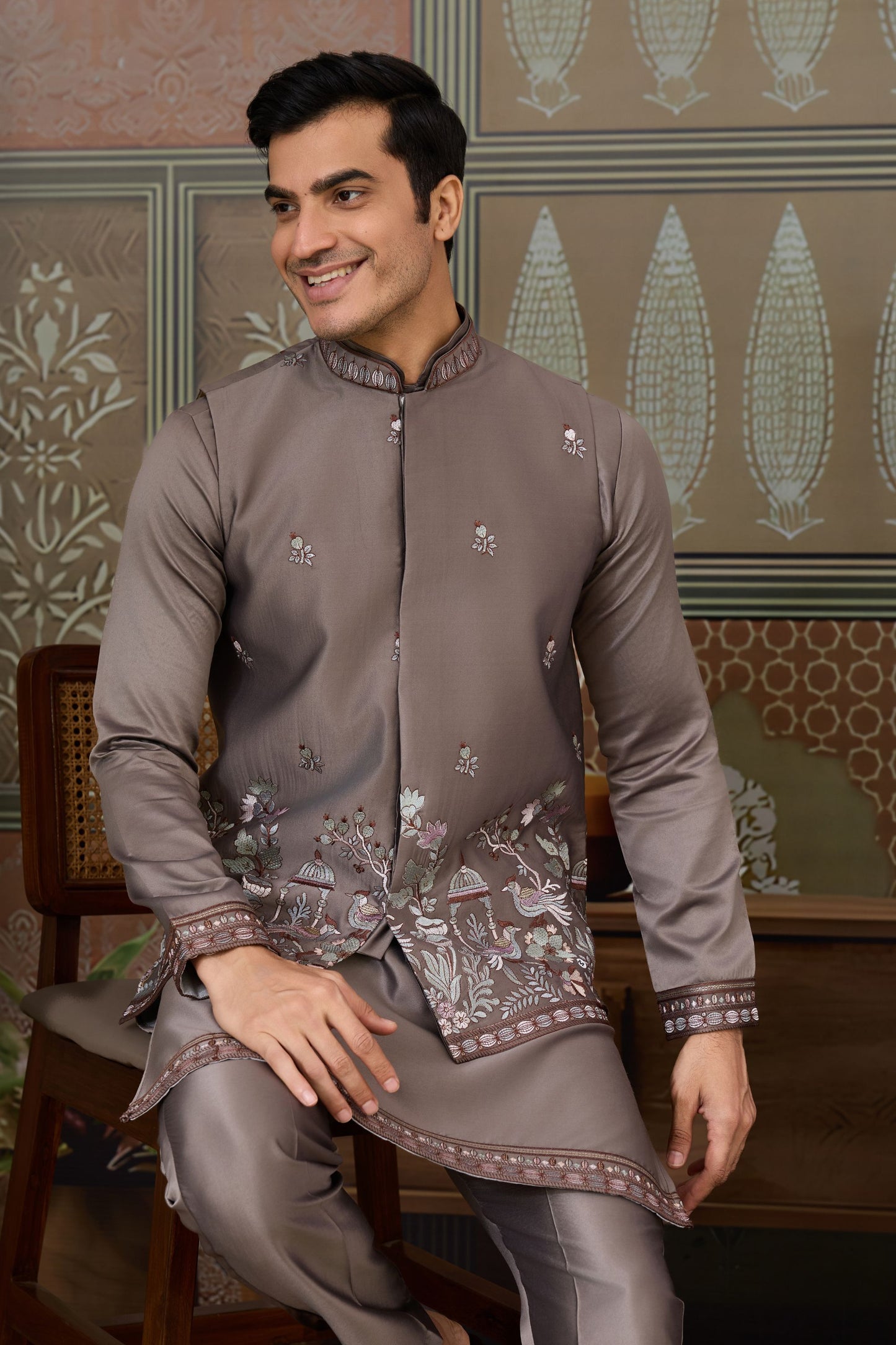 Stylish Grey Silk Embroidered Indo Western Kurta Pyjama Set with Jacket