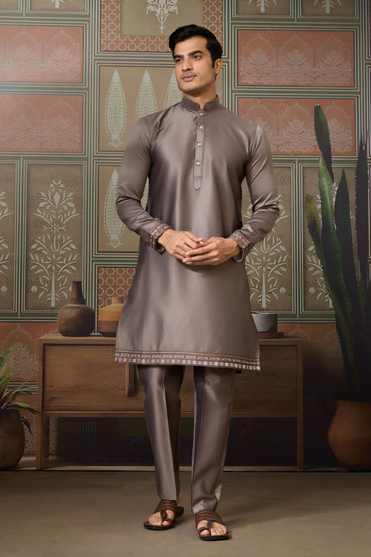 Stylish Grey Silk Embroidered Indo Western Kurta Pyjama Set with Jacket