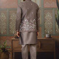 Stylish Grey Silk Embroidered Indo Western Kurta Pyjama Set with Jacket