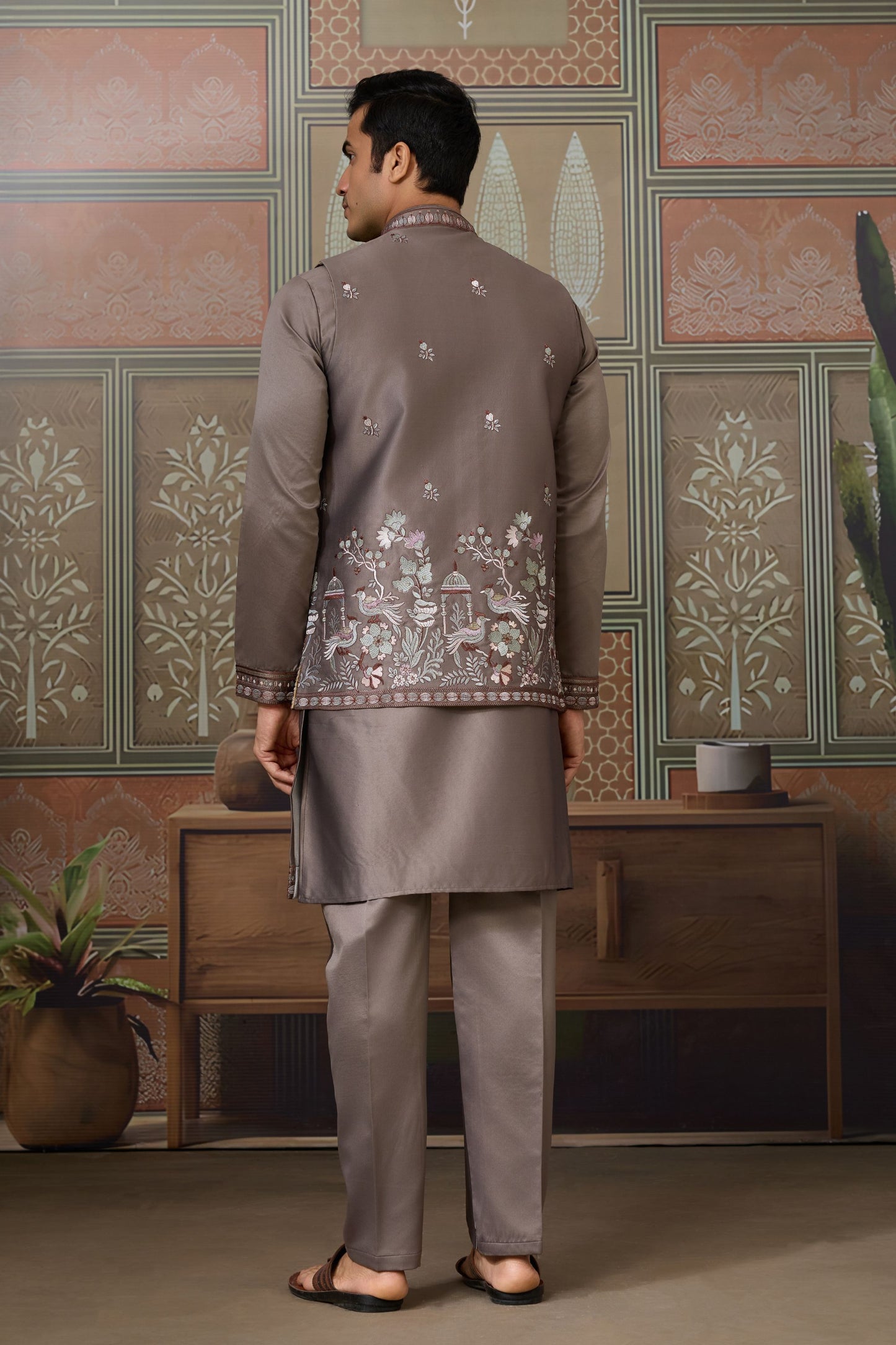 Stylish Grey Silk Embroidered Indo Western Kurta Pyjama Set with Jacket