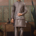 Stylish Grey Silk Embroidered Indo Western Kurta Pyjama Set with Jacket