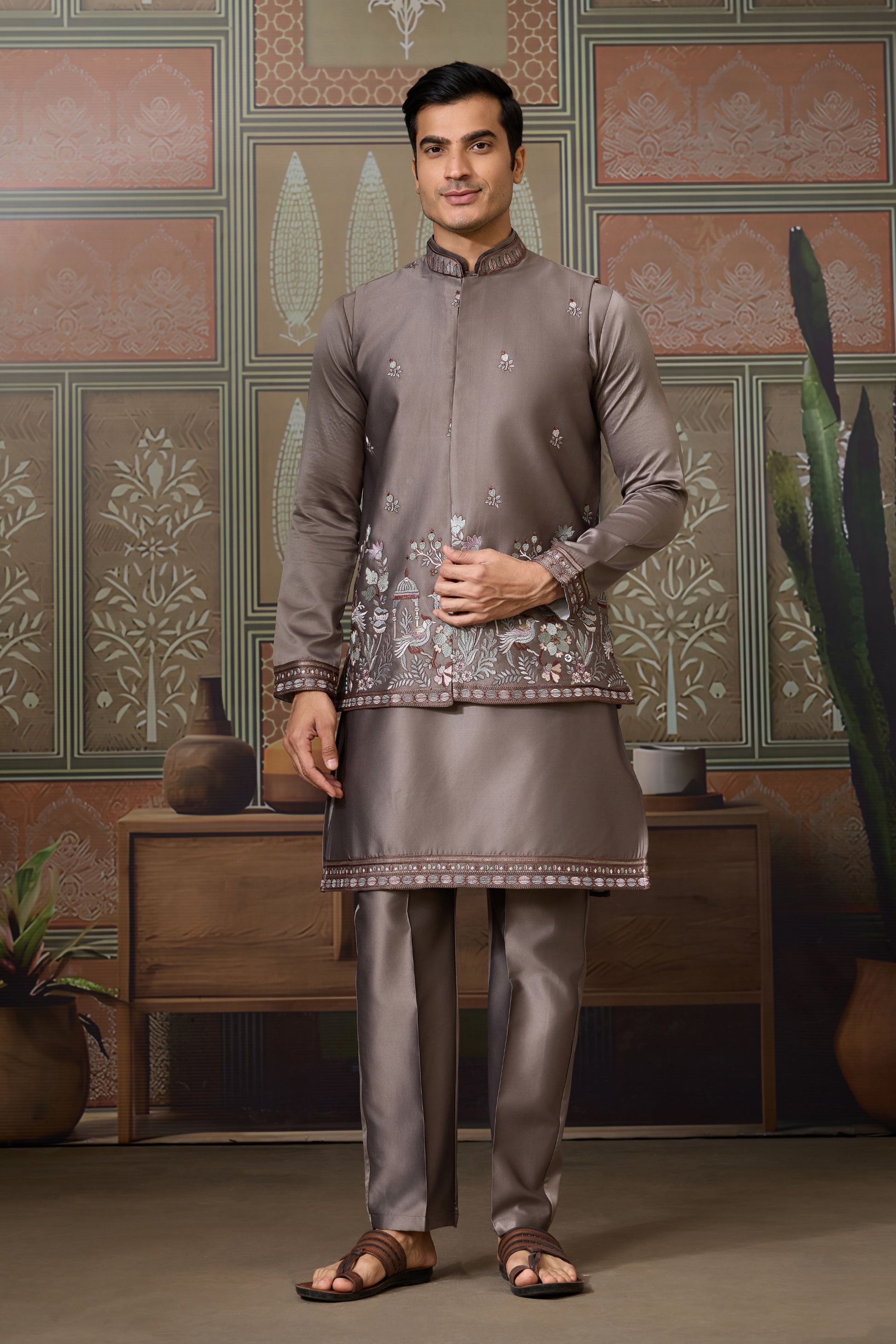 Stylish Grey Silk Embroidered Indo Western Kurta Pyjama Set with Jacket