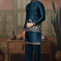 Classic Teal Blue Silk Embroidered Indo Western Kurta Pyjama Set with Jacket