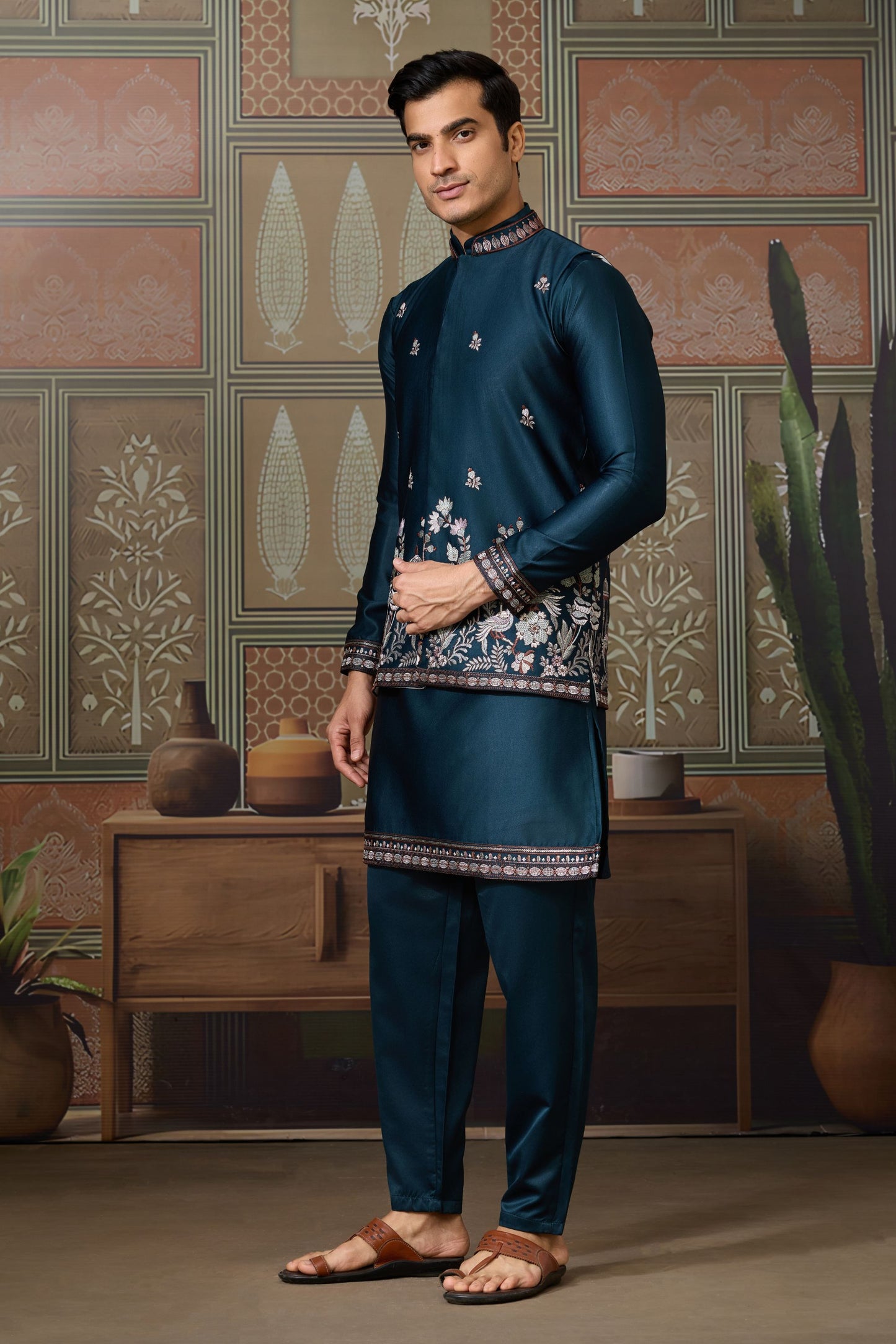 Classic Teal Blue Silk Embroidered Indo Western Kurta Pyjama Set with Jacket