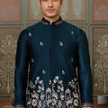 Classic Teal Blue Silk Embroidered Indo Western Kurta Pyjama Set with Jacket