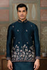 Classic Teal Blue Silk Embroidered Indo Western Kurta Pyjama Set with Jacket