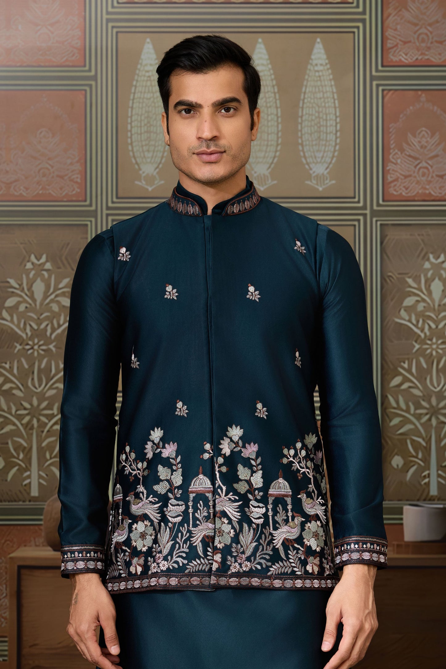 Classic Teal Blue Silk Embroidered Indo Western Kurta Pyjama Set with Jacket