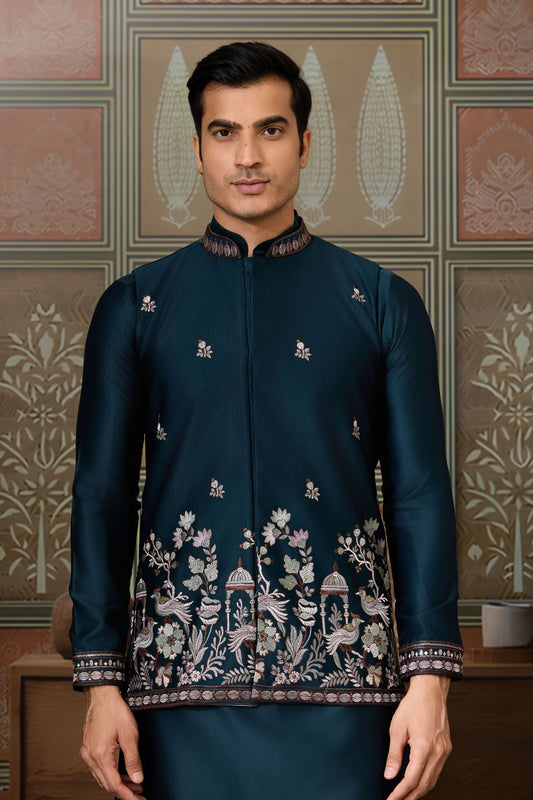 Classic Teal Blue Silk Embroidered Indo Western Kurta Pyjama Set with Jacket