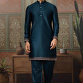 Classic Teal Blue Silk Embroidered Indo Western Kurta Pyjama Set with Jacket