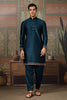 Classic Teal Blue Silk Embroidered Indo Western Kurta Pyjama Set with Jacket