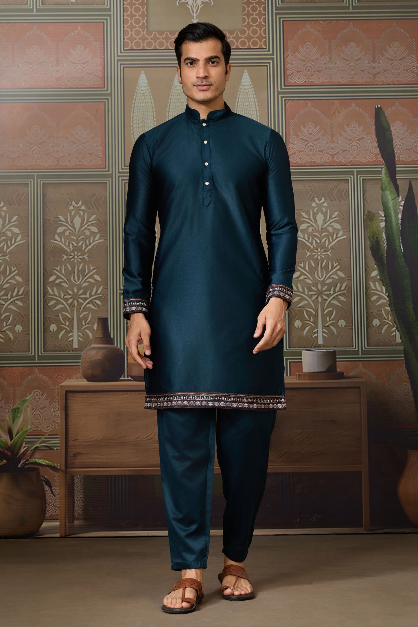 Classic Teal Blue Silk Embroidered Indo Western Kurta Pyjama Set with Jacket
