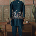 Classic Teal Blue Silk Embroidered Indo Western Kurta Pyjama Set with Jacket
