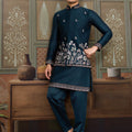 Classic Teal Blue Silk Embroidered Indo Western Kurta Pyjama Set with Jacket