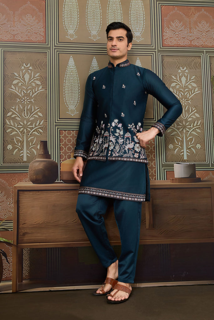 Classic Teal Blue Silk Embroidered Indo Western Kurta Pyjama Set with Jacket