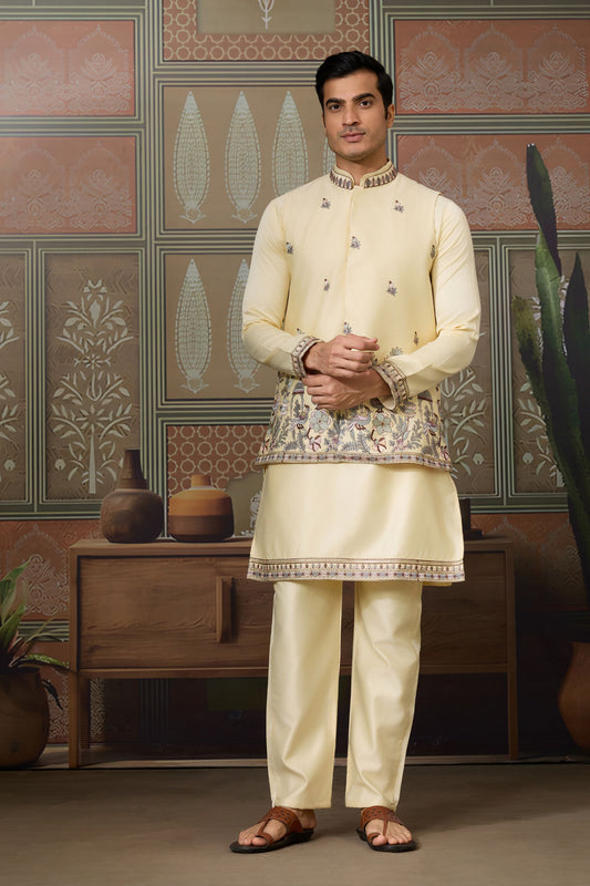 Charming Cream Silk Embroidered Indo Western Kurta Pyjama Set with Jacket