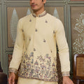 Charming Cream Silk Embroidered Indo Western Kurta Pyjama Set with Jacket