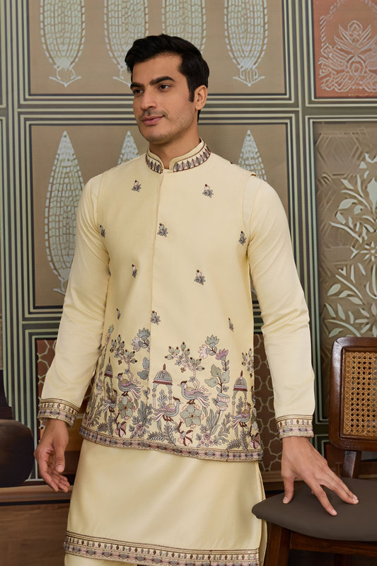 Charming Cream Silk Embroidered Indo Western Kurta Pyjama Set with Jacket