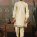 Charming Cream Silk Embroidered Indo Western Kurta Pyjama Set with Jacket