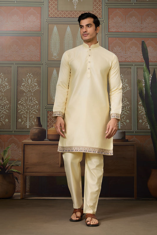 Charming Cream Silk Embroidered Indo Western Kurta Pyjama Set with Jacket