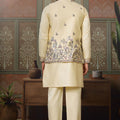 Charming Cream Silk Embroidered Indo Western Kurta Pyjama Set with Jacket