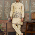 Charming Cream Silk Embroidered Indo Western Kurta Pyjama Set with Jacket