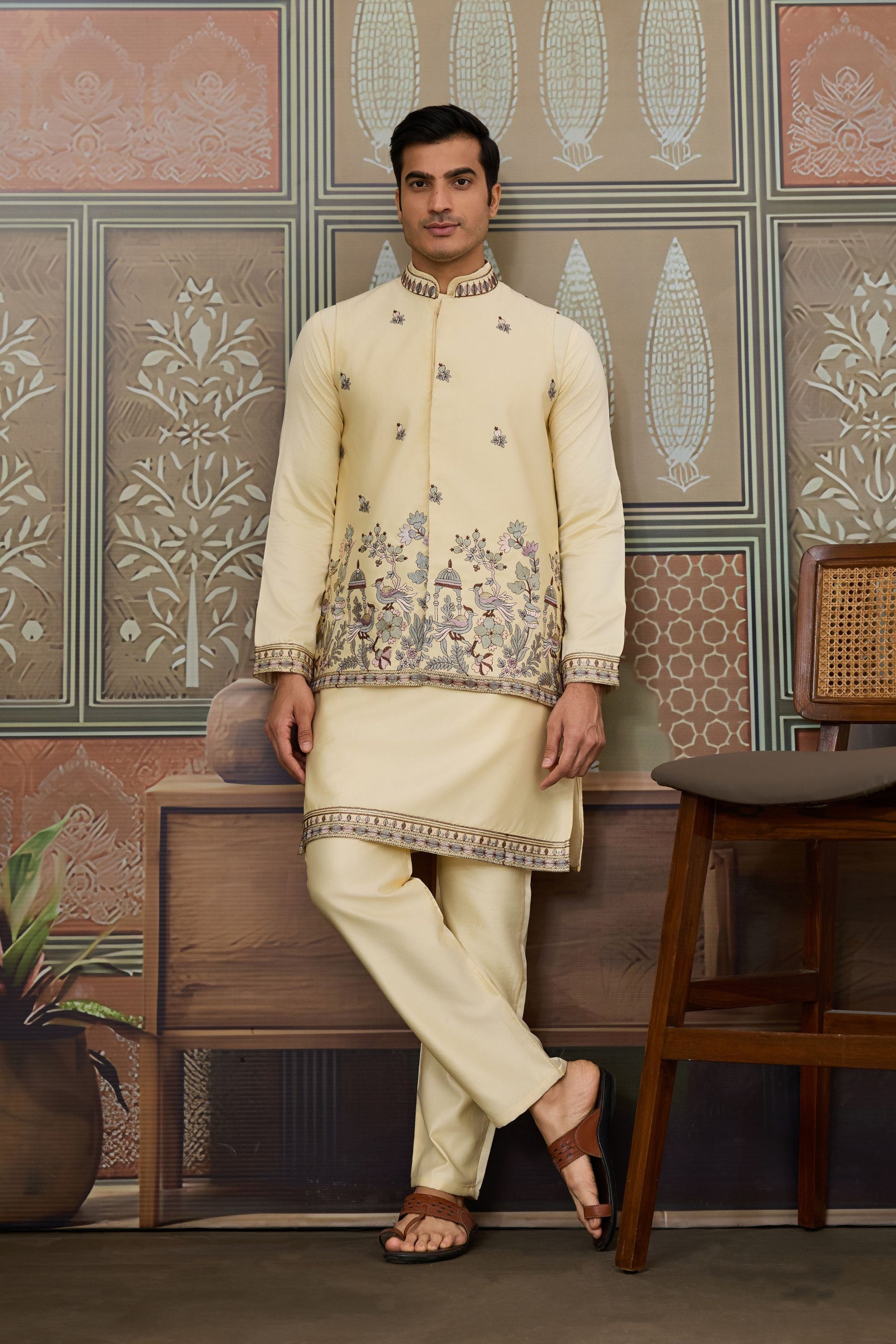 Charming Cream Silk Embroidered Indo Western Kurta Pyjama Set with Jacket