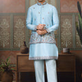 Wonderful Sky Blue Silk Embroidered Indo Western Kurta Pyjama Set with Jacket