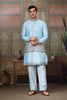 Wonderful Sky Blue Silk Embroidered Indo Western Kurta Pyjama Set with Jacket