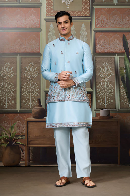 Wonderful Sky Blue Silk Embroidered Indo Western Kurta Pyjama Set with Jacket