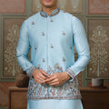 Wonderful Sky Blue Silk Embroidered Indo Western Kurta Pyjama Set with Jacket