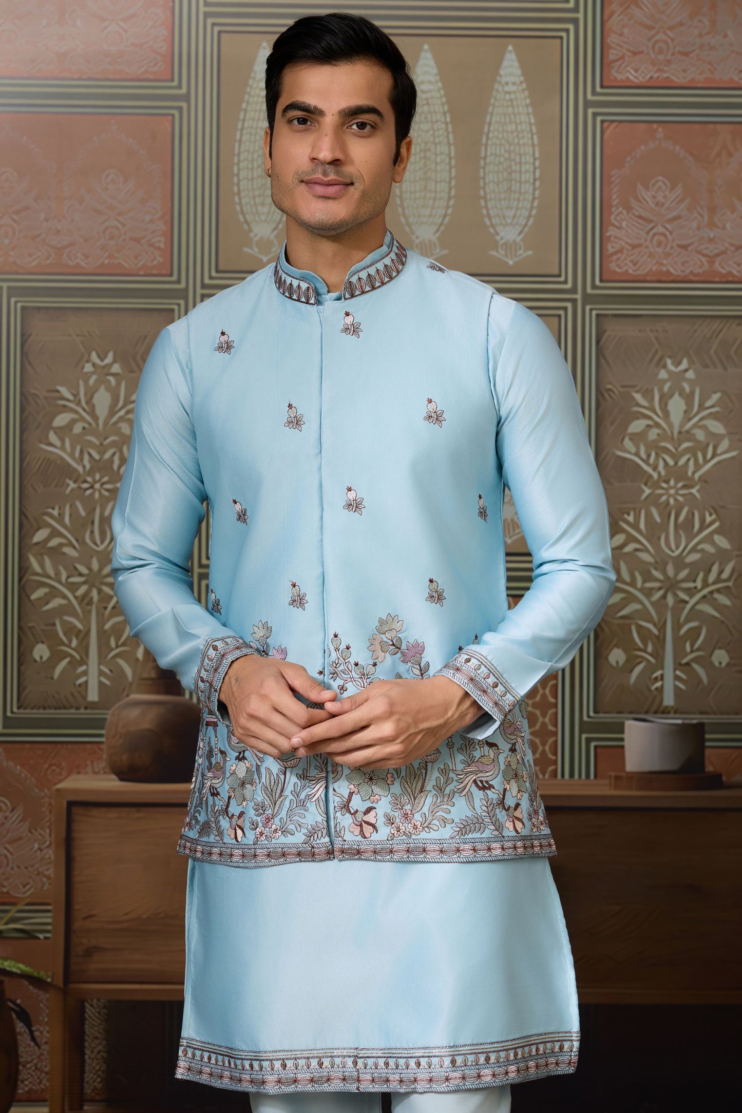 Wonderful Sky Blue Silk Embroidered Indo Western Kurta Pyjama Set with Jacket