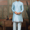 Wonderful Sky Blue Silk Embroidered Indo Western Kurta Pyjama Set with Jacket