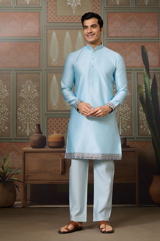 Wonderful Sky Blue Silk Embroidered Indo Western Kurta Pyjama Set with Jacket