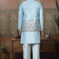 Wonderful Sky Blue Silk Embroidered Indo Western Kurta Pyjama Set with Jacket