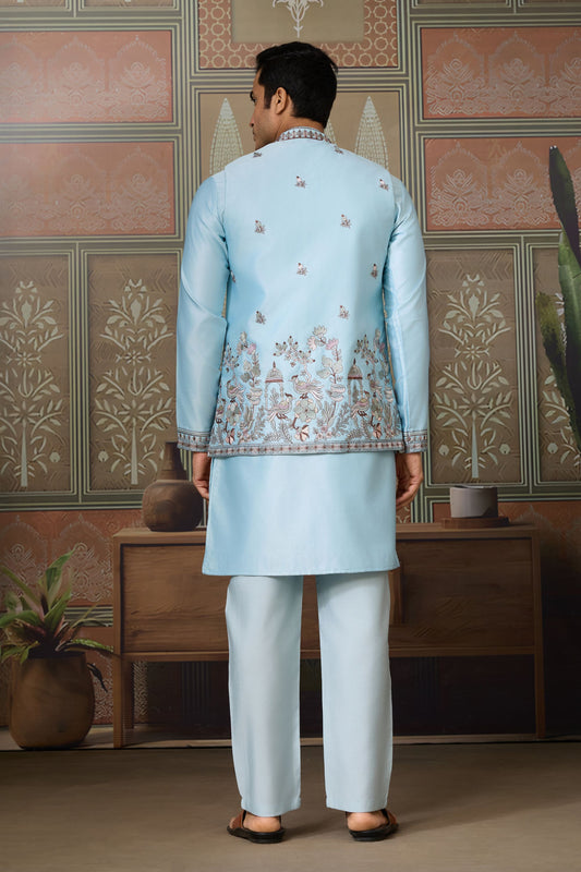 Wonderful Sky Blue Silk Embroidered Indo Western Kurta Pyjama Set with Jacket