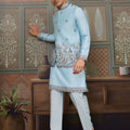 Wonderful Sky Blue Silk Embroidered Indo Western Kurta Pyjama Set with Jacket