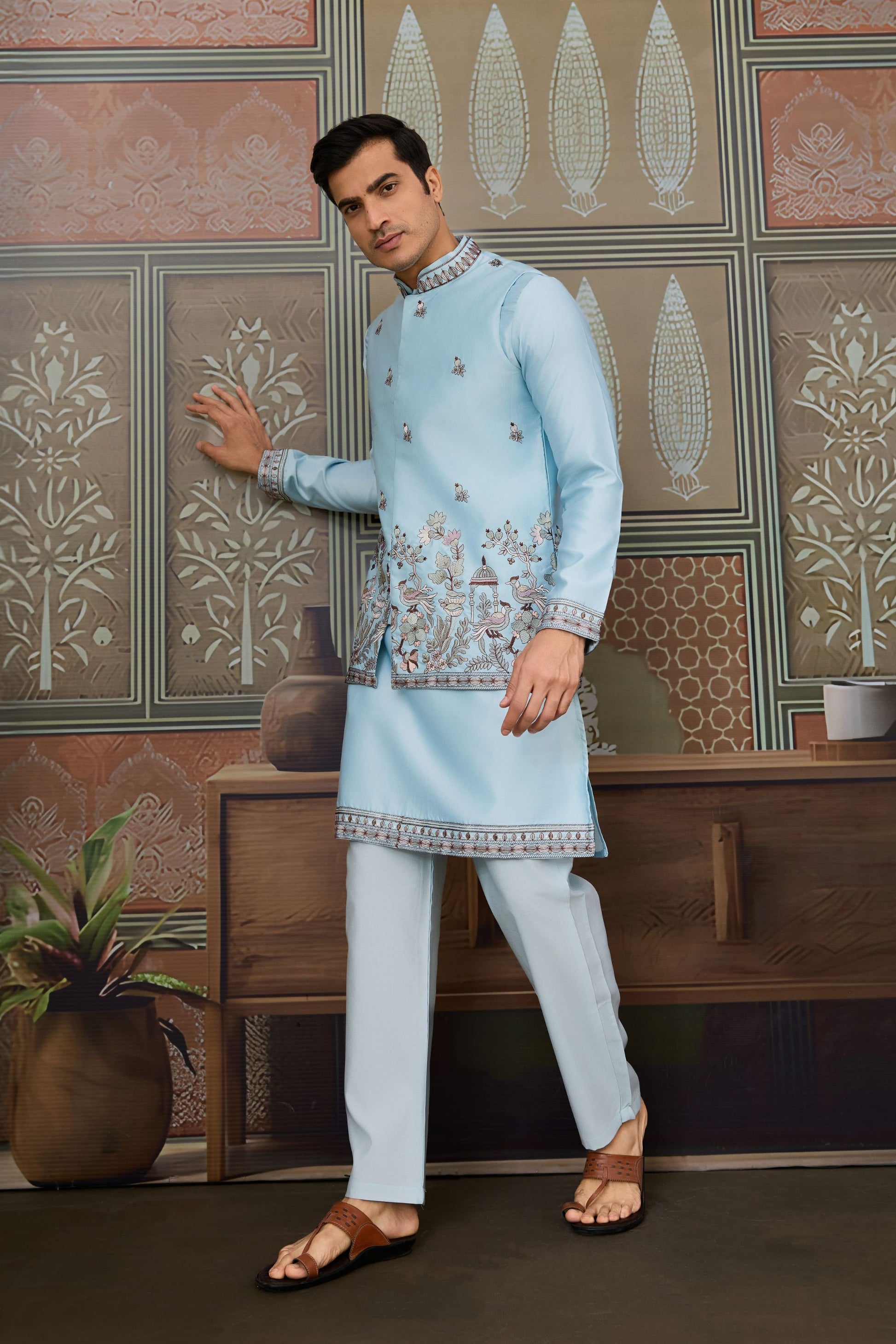 Wonderful Sky Blue Silk Embroidered Indo Western Kurta Pyjama Set with Jacket