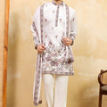Elegant Off-White Viscose Silk Embroidered Kurta Pyjama Set with Dupatta for Men